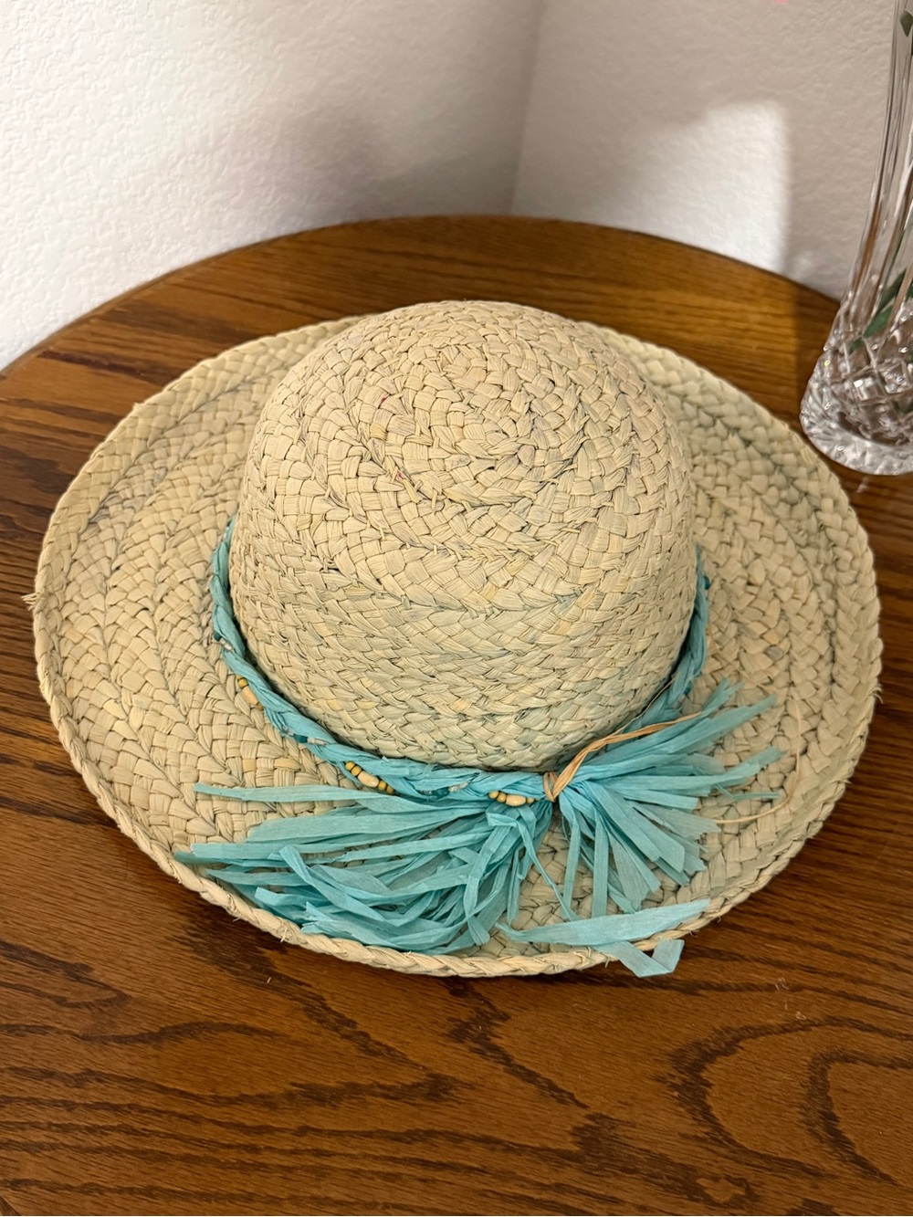 Sun N Sand Raffia Sun Hat with Turquoise Raffia Bead Trim EUC Sz 7